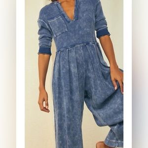 Free People Intimately Do Not Disturb Romper Blue Thermal Cozy Pockets